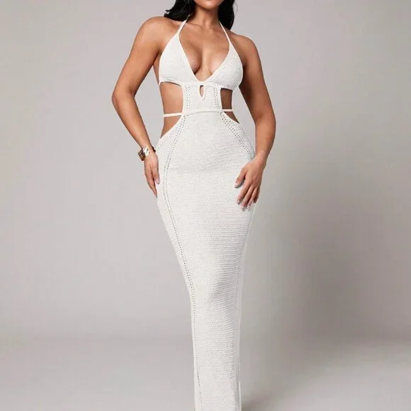 White Boho Crochet Deep V-Neck Hollow Slit Mid-Length Women's Cover Up Dress - Picture 1 of 8